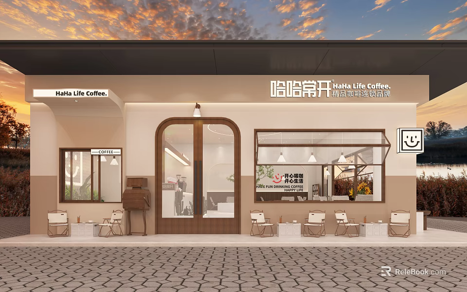 Cozy Coffee Shop Exterior With Outdoor Seating And Sunset Sky 3d model 