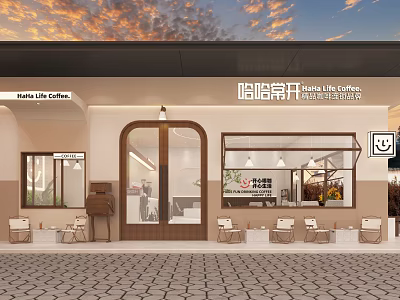 Cozy Coffee Shop Exterior With Outdoor Seating And Sunset Sky 3d model