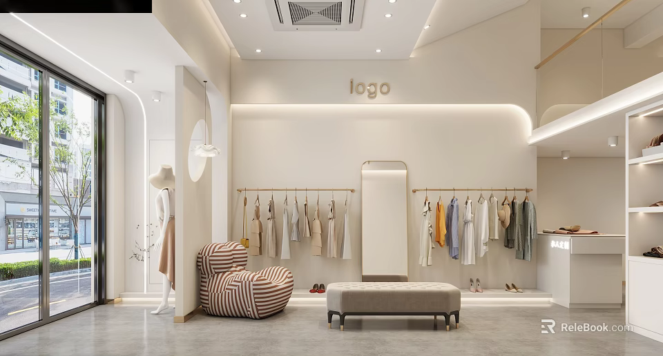 Modern Clothing Store Interior With Hanging Clothes Clothing Racks Full Length Mirror And Bench 3d model 