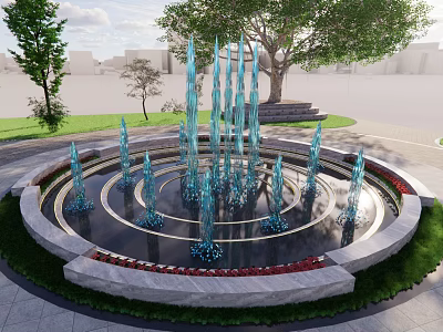 Beautiful Circular Fountain With Blue Water Jets Surrounded By Grass Trees And Flower Beds 3d model