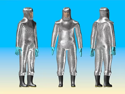 Man In Silver Protective Suit With Blue Gloves And Black Boots 3d model