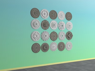 Decorative Circular Components Arranged On Wall With Various Designs And Gray White Colors 3d model