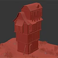Cartoon Style Tilted Multi story House Scene With Red Roof Light Walls Windows And Snowy Ground