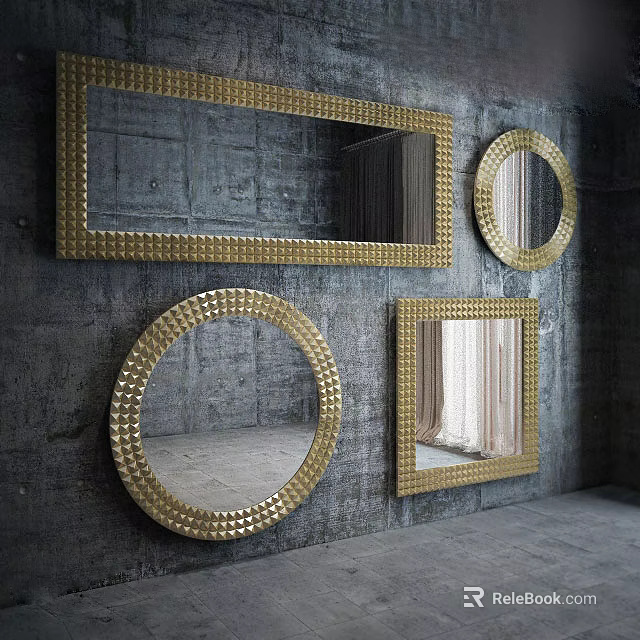 Decorative Golden Framed Mirrors With Riveted Design On Gray Concrete Wall 3d model