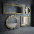 Decorative Golden Framed Mirrors With Riveted Design On Gray Concrete Wall 3d model