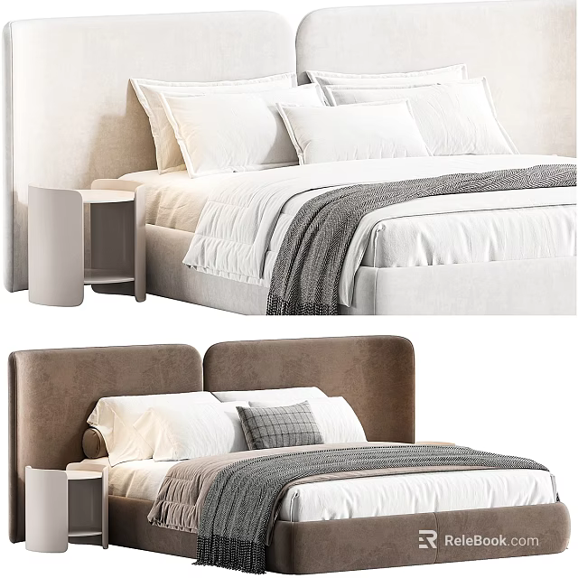 Elegant Modern Double Bed With Brown Headboard White Linen Sheets Gray Blanket Pillow And Nightstand 3d model 