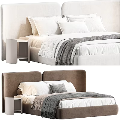 Elegant Modern Double Bed With Brown Headboard White Linen Sheets Gray Blanket Pillow And Nightstand 3d model