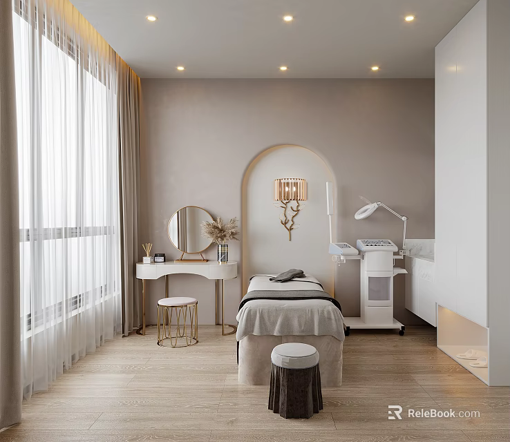Modern Luxury SPA Sauna Interior With Treatment Bed Mirror Equipment Wooden Floor Beige Walls Window 3d model 