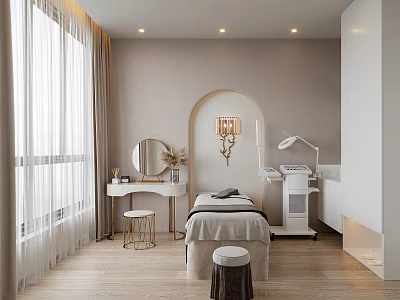 Modern Luxury SPA Sauna Interior With Treatment Bed Mirror Equipment Wooden Floor Beige Walls Window 3d model