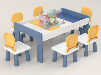 Children's Play Table with Blue and White Design Six Yellow White Chairs and Building Blocks 3d model