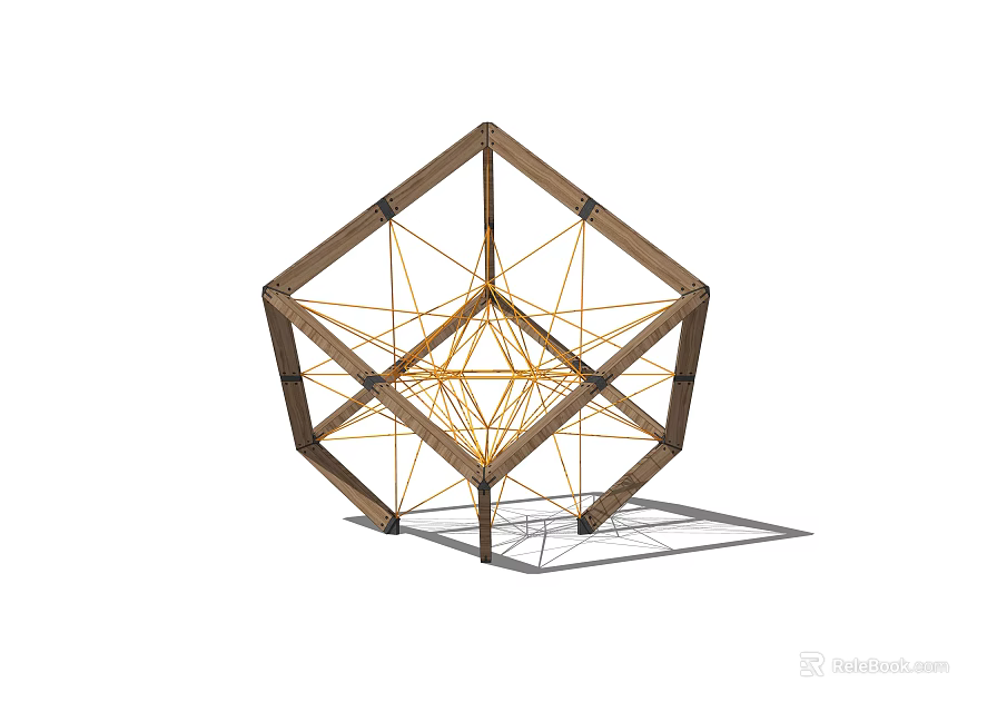 Modern Geometric Playground Equipment With Wooden Frame And Yellow Rope Net 3d model 