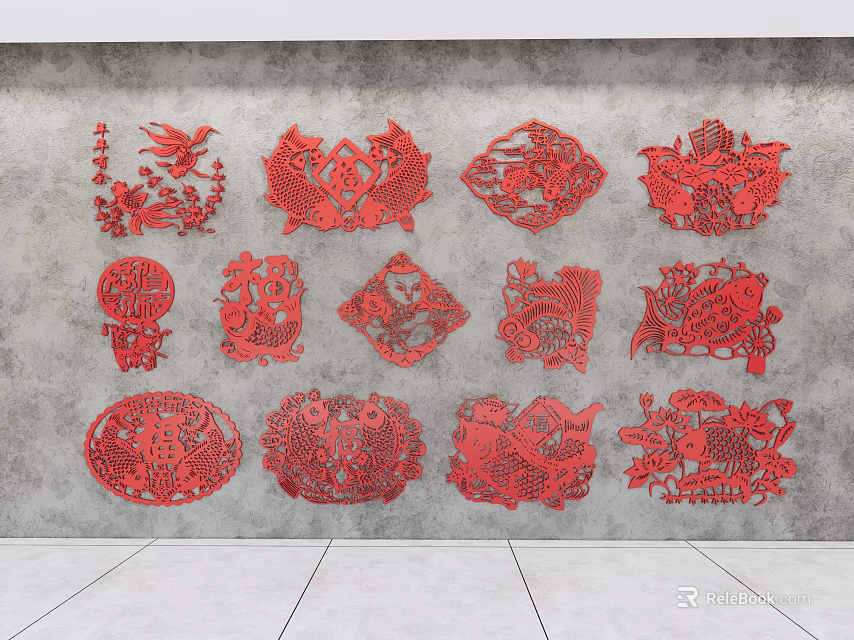 Traditional Red Paper Cut Wall Decor With Decorative Patterns Hanging On Gray Wall 3d model 