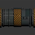 Two Industrial Black Cylindrical Devices With Yellow Black Stripes And Metal Handles
