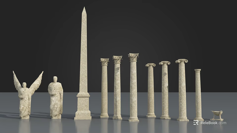 Classical Roman Columns in Various Styles with Obelisk and Stone Statue 3d model