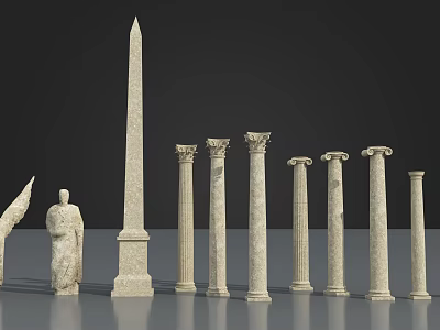 Classical Roman Columns in Various Styles with Obelisk and Stone Statue 3d model