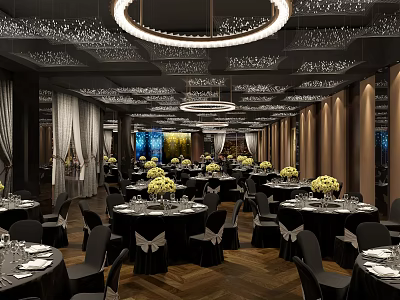 Elegant Banquet Hall Interior With Round Tables Black Chairs And Decorative Chandeliers 3d model