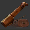 Musical Instruments and Art Supplies with Vintage Wooden String Instrument Leather Case and Brush