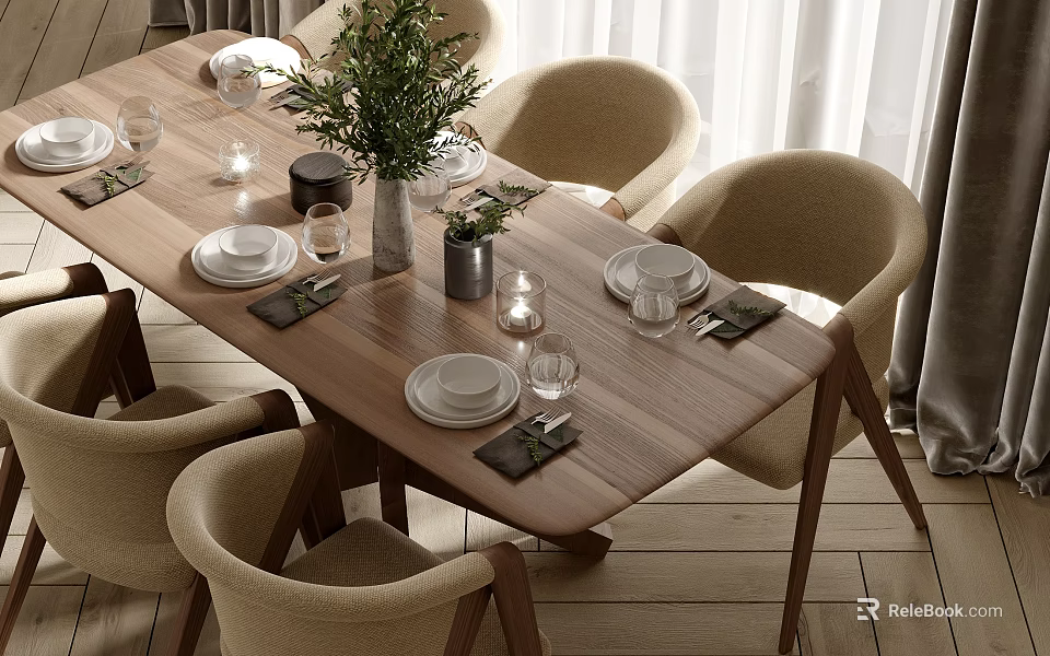 Modern Wooden Dining Table Set With Upholstered Chairs Tableware Green Plant And Natural Light 3d model 