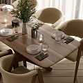 Modern Wooden Dining Table Set With Upholstered Chairs Tableware Green Plant And Natural Light