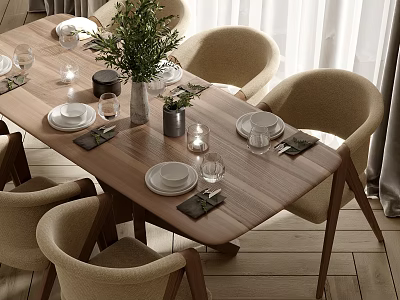 Modern Wooden Dining Table Set With Upholstered Chairs Tableware Green Plant And Natural Light 3d model