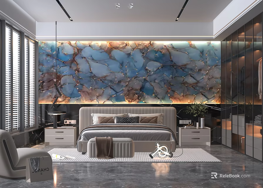 Modern Bedroom With Large Marble Accent Wall Gray Bed Nightstands And Floor to Ceiling Windows 3d model 