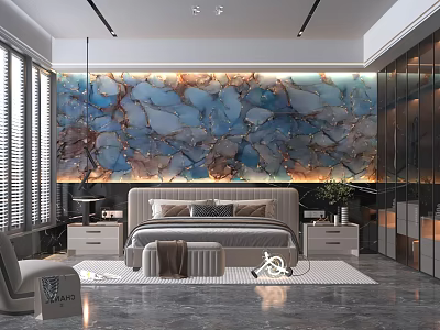 Modern Bedroom With Large Marble Accent Wall Gray Bed Nightstands And Floor to Ceiling Windows 3d model