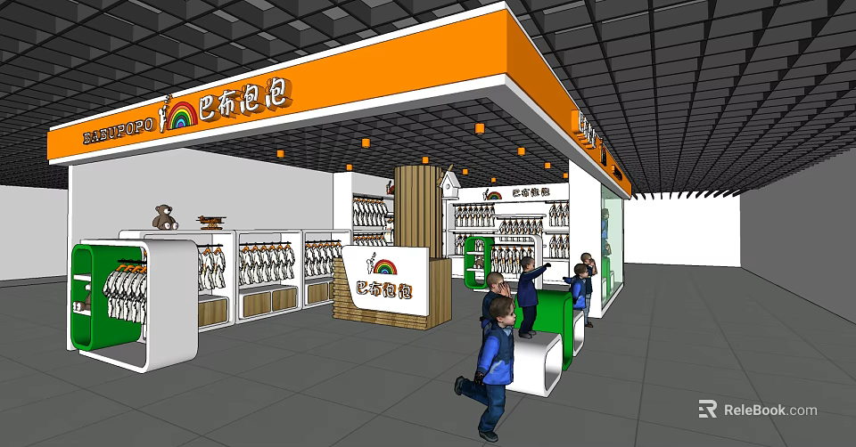 Colorful Bubbles Clothing Store Interior With Shelves Clothing Items And Kids Shopping 3d model 