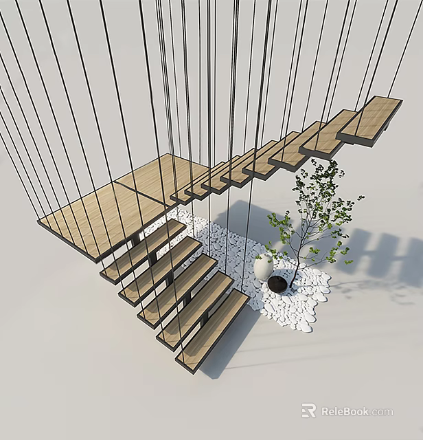 Floating Wooden Stairs With Rope Support And Small Tree On White Pebble Surface 3d model