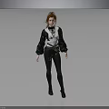 Woman With Red Hair Wearing Black White Top Black Pants Long Boots Gray Background