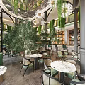 Modern Open Restaurant Interior With Green Sofas Long Table Pendant Lights Greenery And Marble Walls