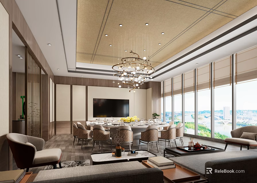 Luxury Private Box Interior With Chandelier Dining Table Sofa And Floor to Ceiling Windows 3d model