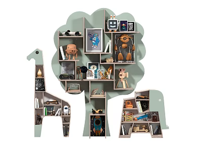Creative Tree And Giraffe Shaped Bookcase With Toys Books And Decorations 3d model