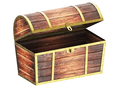 Open Vintage Wooden Treasure Chest With Gold Metal Straps And Lock 3d model