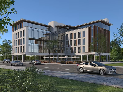 Modern Office Building With Glass Facade Wooden Elements Outdoor Seating And Landscaped Surroundings 3d model