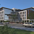 Modern Office Building With Glass Facade Wooden Elements Outdoor Seating And Landscaped Surroundings