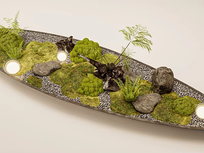 Green Moss On Silver Tray With Dotted Pattern Edge Ferns Stones And Small Lights 3d model