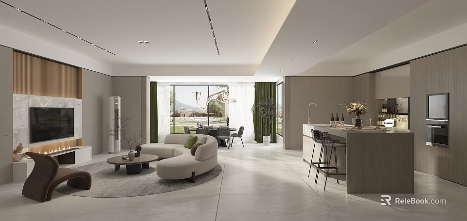 Modern Open Living Dining Room Interior With Sofa Dining Table and Floor to Ceiling Windows 3d model