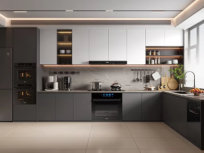 Modern Kitchen Interior Design With Gray Cabinets Marble Island And Appliances 3d model