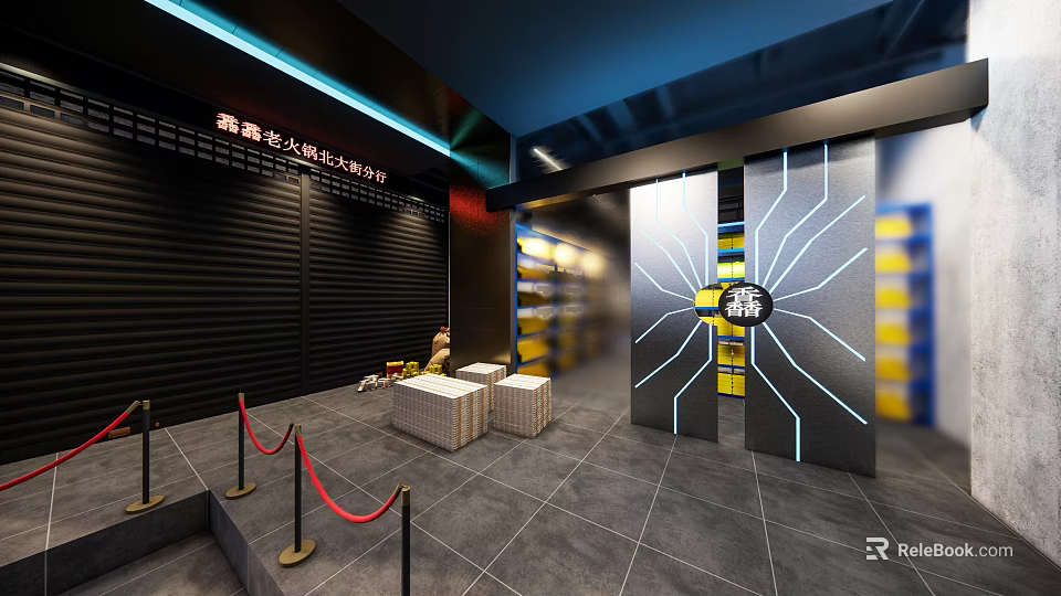Modern Hotpot Restaurant Storefront With Neon Lights Black Roller Shutter Waiting Area And Glass Door 3d model 