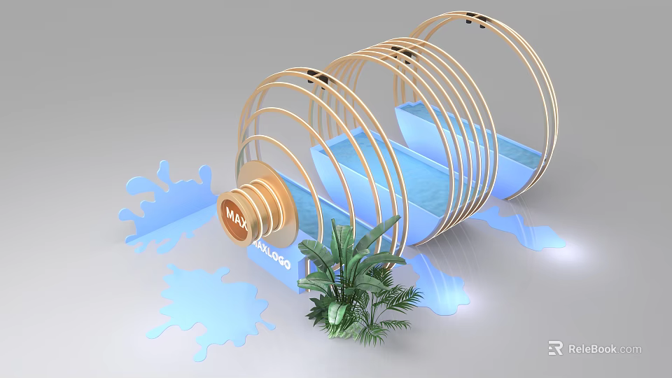 Creative Milk Themed Photo Spot With Circular Frames Blue Water And Plants 3d model 