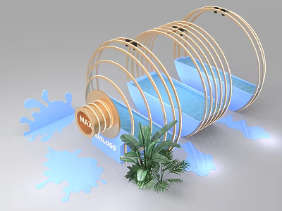Creative Milk Themed Photo Spot With Circular Frames Blue Water And Plants 3d model