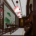 Traditional Chinese Clubhouse With Lotus Decor Wooden Walls Warm Lighting Murals And Reception Desk
