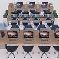 Modern Office Workspace With Multiple Desks Computers Chairs And Green Plants 3d model