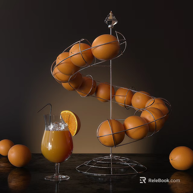 Fresh Oranges And Orange Juice With Display Rack 3d model 
