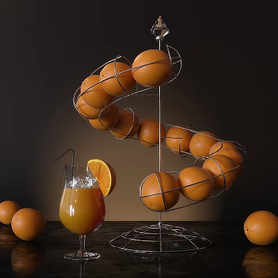 Fresh Oranges And Orange Juice With Display Rack 3d model
