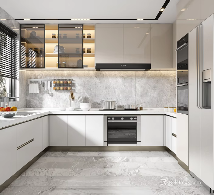 Elegant Modern Kitchen Interior With Marble Island White Cabinets And Appliances 3d model 
