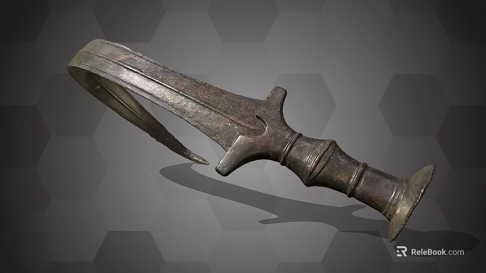 Ancient Curved Blade Weapon with Rustic Metal Surface and Carved Hilt on Hexagonal Gray Background 3d model 