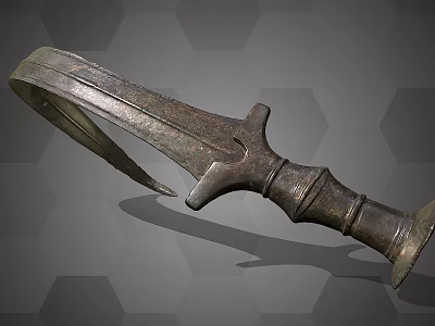 Ancient Curved Blade Weapon with Rustic Metal Surface and Carved Hilt on Hexagonal Gray Background 3d model