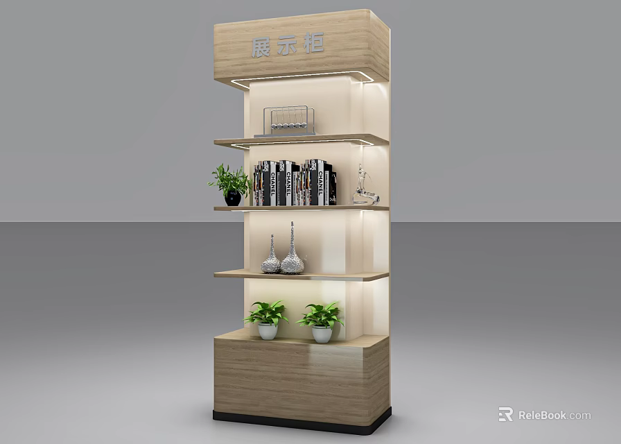 Modern Wooden Display Cabinet With Multiple Shelves Built-in Lighting and Decorative Items 3d model 