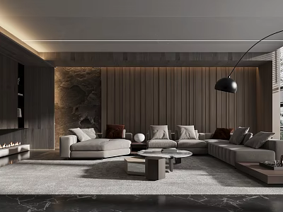 Modern Living Room Interior With Gray Sectional Sofas Wooden Wall Panels And Black Floor Lamp 3d model
